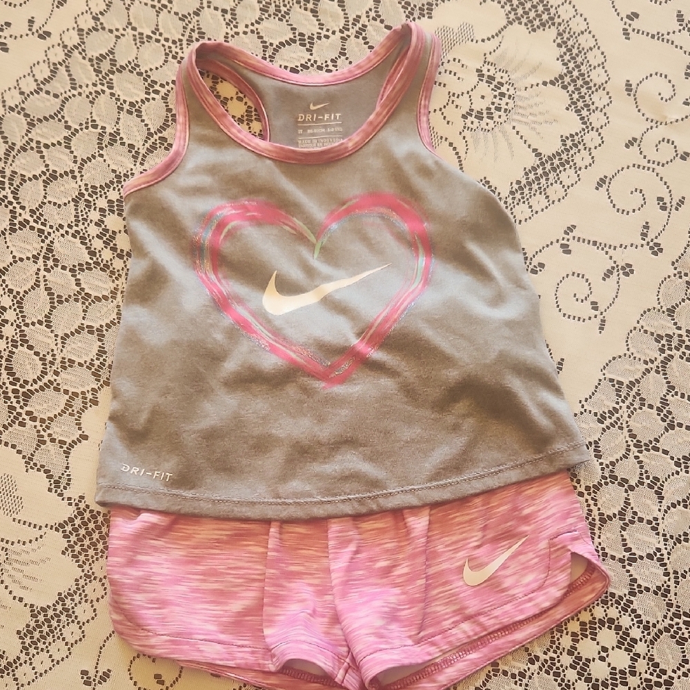 Nike Gray and Pink Heart Tank Top and Shorts Set
